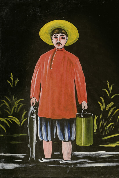 Niko Pirosmani, "Pescatore". Le figure di Pirosmani sono ugualmente gigantesche, ma più statiche di quelle di Rousseau e Ligabue