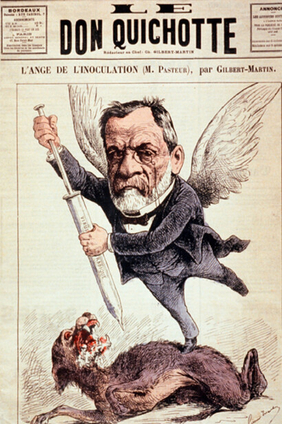 Caricature de Louis Pasteur. Il poursuit le projet de mise au point d’un vaccin contre la redoutable maladie du charbon qui décime le bétail