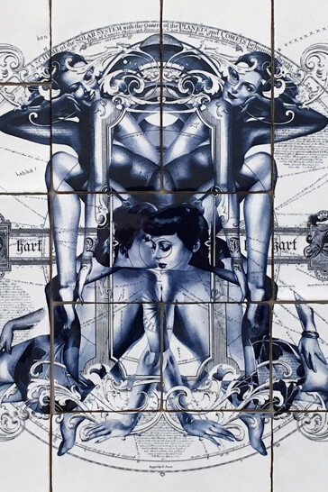 Handiedan, Dyade, Fired print on ceramic tiles on a panel in an ornamental frame, 72x82cm framed. Detail