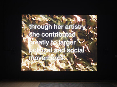 Installation view of Tony Cokes, The Queen is Dead: Fragment 2, 2019 at Goldsmiths CCA. Courtesy the artist, Greene Naftali, New York, US and Hannah Hoffman, Los Angeles, US. Photographer Andy Stagg