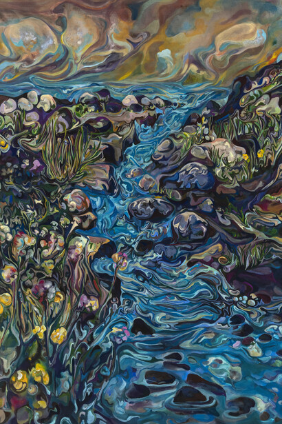 Maria Calandra,
The Quenching of California Poppies and Sea Pink (detail), 2023,
Acrylic on linen, 72 x 54 inches. Courtesy of Fredericks & Freiser, NY
