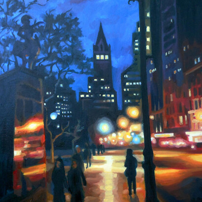 James Falciano, Central Park South and 6th Ave, Oil on Canvas, 24” x 24”, Courtesy of Agora Gallery 