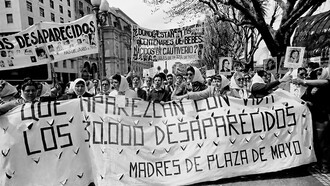Demonstration in Plaza de Mayo, Buenos Aires, Argentina, on December 9 and 10, 1982, demanding the safe return of the disappeared detainees, the restitution of children to their legitimate families, and freedom for political prisoners