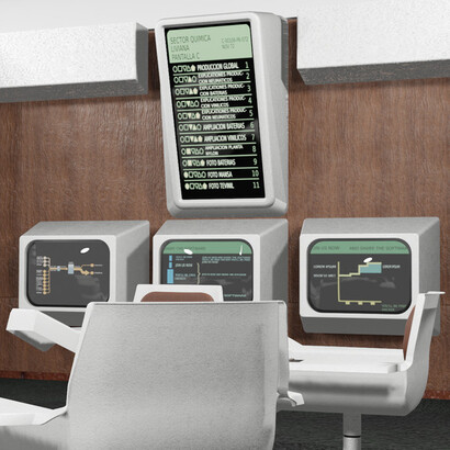 Imagen generada por computadora del cuarto de operaciones del proyecto CyberSyn