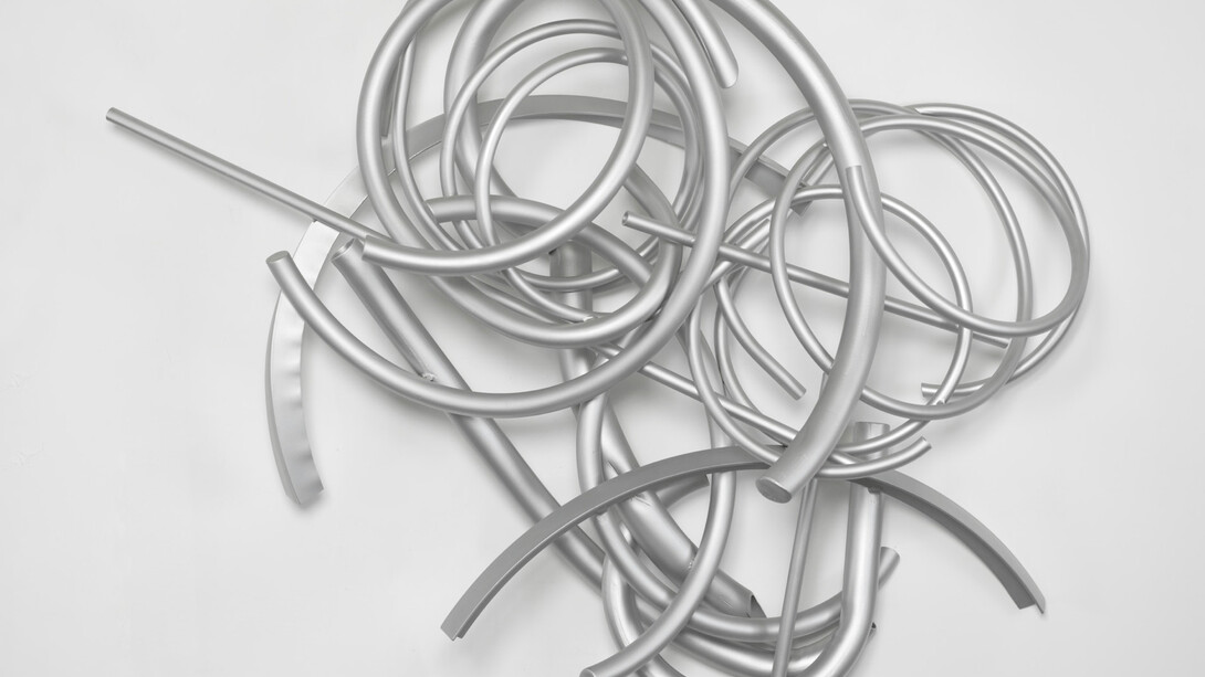 John Clement, Tales of Brave Ulysses (detail), 2022. 
62 x 70 x 25 in, Various Aluminum Elements, welded, sandblasted and sealed, wall work. Courtesy of the artist and Leila Heller Gallery