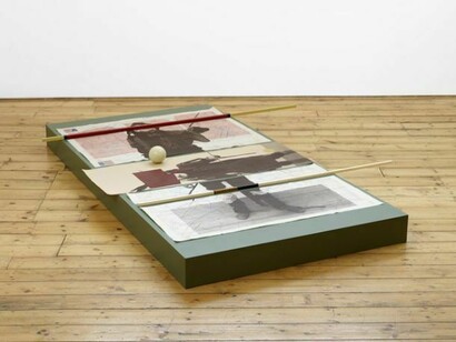 Seb Patane, are we brothers in arms in brothers we are, 2013, screenprint and pencil on printed paper, paint, wood, tape, leather, 17.5 x 153 x 223 cm, © courtesy of the artist and Sprovieri London
