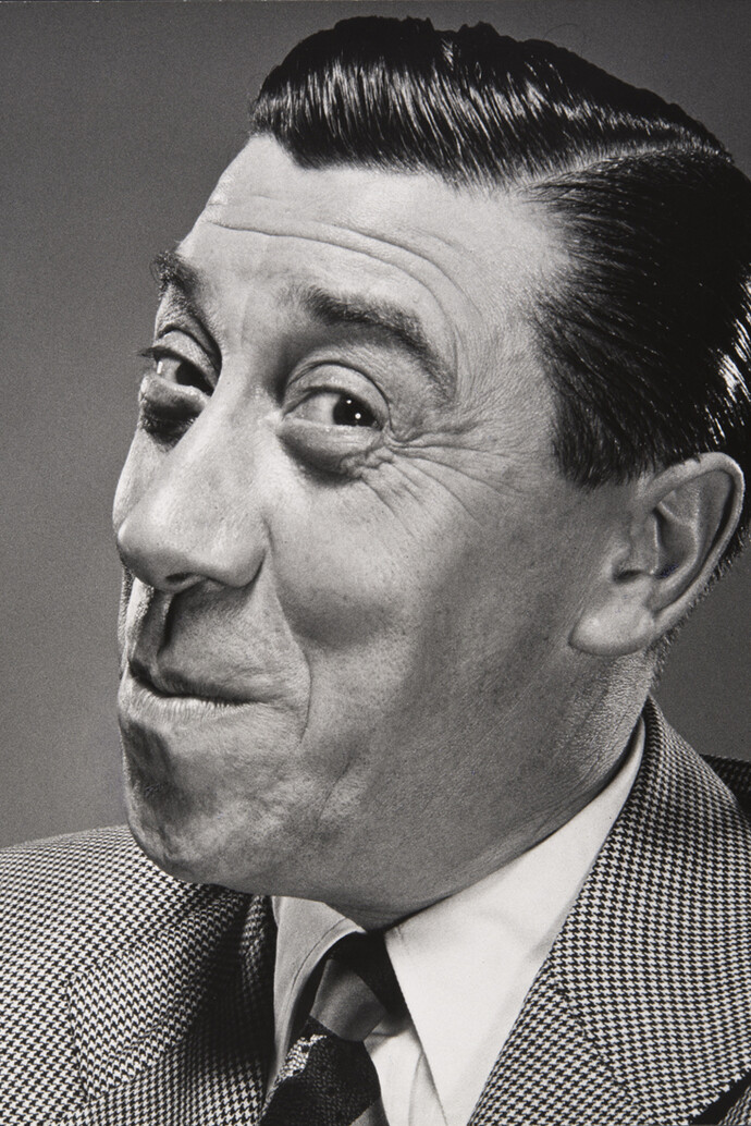 Philippe Halsman, Fernandel, "Quelles sont les mesures prises par le gouvernement français pour accroître le taux de naissance?", The Frenchman, 1948, Archives Philippe Halsman. © 2015 Philippe Halsman Archive / Magnum Photos
