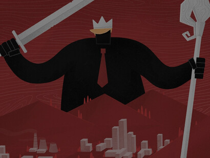The authoritarianism poster presents a stark and unsettling visual, characterized by a dominant figure exuding an aura of power and control