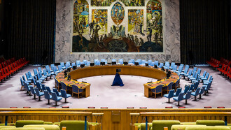 View of the empty United Nations Security Council chamber at the UN Headquarters in New York City, USA