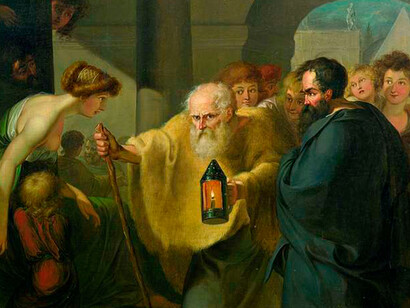 Diógenes procurando por um homem, de Johann Heinrich Wilhelm Tischbein. Quando as pessoas pararam para perguntar o que ele estava fazendo, ele respondia: “procurando um homem honesto”
