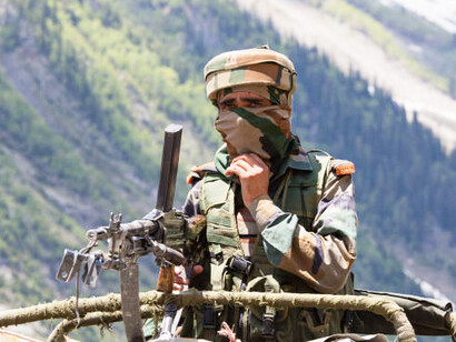Indian Army checkpoint in the Kashmir Himalayas, manned by frontier guards in India