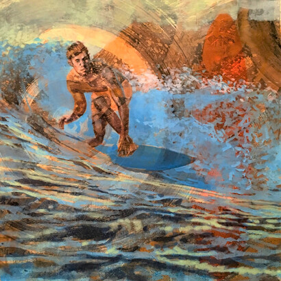 Elisa Contemporary Art. Carol Bennett, Malibu Dawn Patrol, Mixed Media, 31.5x31.5. 