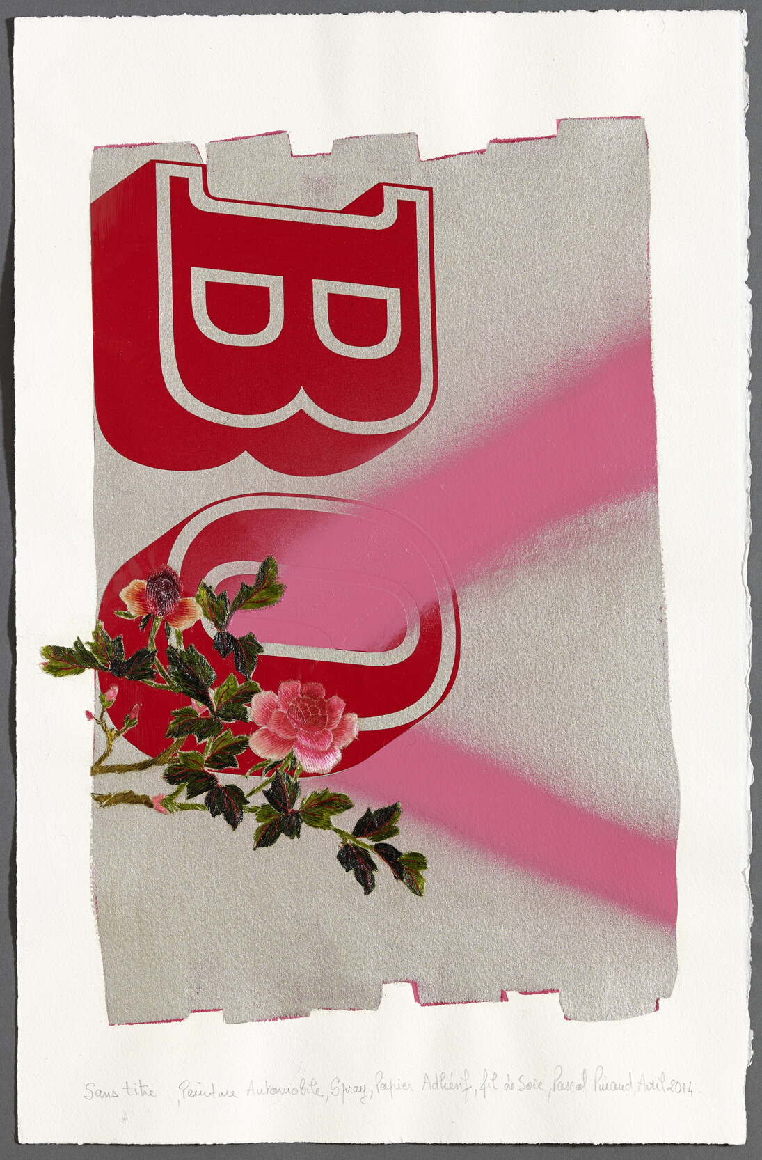 Pinaud, Pascal, Sans titre (14B11), 2014, Automobile lacquer, spray, adhesive paper, silk on paper, 59,5 x 42 x 3,5 cm, © François Fernandez, Courtesy Galerie Natalie Obadia, Paris/Bruxelles