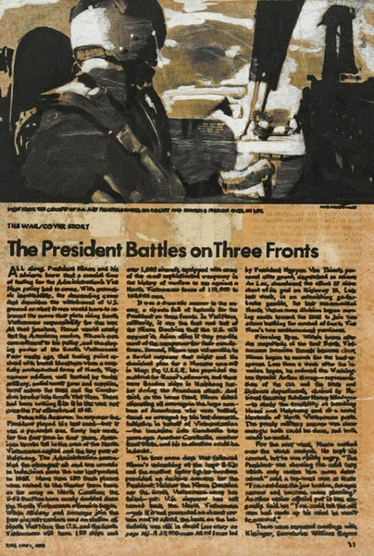 Luis Camnitzer, Objects Covered by Their Own Image; The President Battles on Three Fronts, 1973, Encre et correcteur blanc sur papier journal, 28 x 20,7 cm, Courtesy Alexander Gray Associates, New York