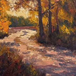 Lorenzo Chavez,
Autumn Path, 2024, Oil,
9 x 16 in (22.86 x 40.64 cm). Courtesy of the artist and Abend Gallery