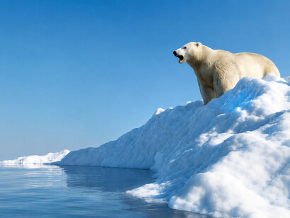 A polar bear on a melting ice floe, reflecting the consequences of rising global temperatures
