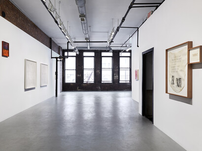 Off Script, curated by Jeannette Bisschops, with works by Art & Language, Joel Dean, Paige K.B., Anna K.E., Christine Sun Kim, Kang Seung Lee, and Sue Tompkins, 2023, installation view. Courtesy of Simone Subal Gallery
