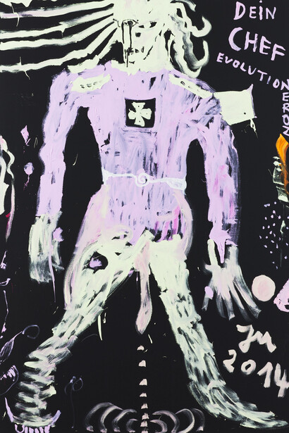 Jonathan Meese, "RÄCHER I (DIE UNZAHL ROLLT HERAUS)" 2014, oil and acrylic on canvas, 270.4 x 180.3 x 4.4 cm, 106 1/2 x 71 x 1 3/4 ins, Copyright the artist; Courtesy the artist and Stuart Shave/Modern Art, London