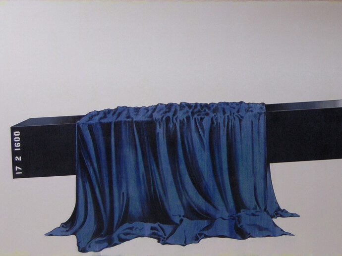 Michael Simpson, Bench Painting No 67. [Bruno Resurrect] (2008), Oil paint on canvas, 517 x 236 cm, Courtesy the artist and David Risley Gallery