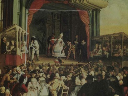 Commedia dell’Arte performance set to take place in this depiction of crowds pushing and bustling their way for a clear view 