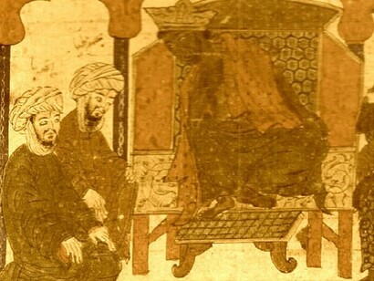 Buchillustration (Detail) der Universalgeschichte von Raschīd ad-Dīn (1247-1318), die den Negus von Abessinien zeigt, der eine Anfrage von Gesandten aus Mekka ablehnt
