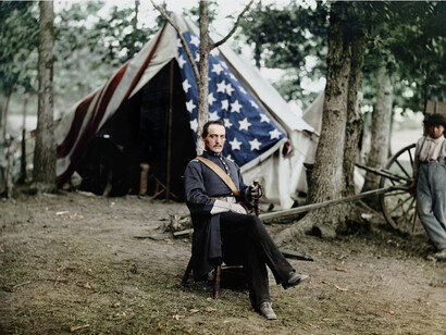Union Captain Cunningham poses next to the command tent, August 1863, Bealeton, Virginia, photographer unknown Colorization by Jordan J Lloyd at Dynamichrome