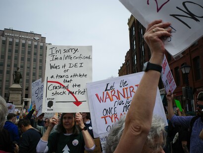 Protesters in Monument Square in Portland, Maine, on April 19, 2025, for the Day of Action organized by the 50501 movement