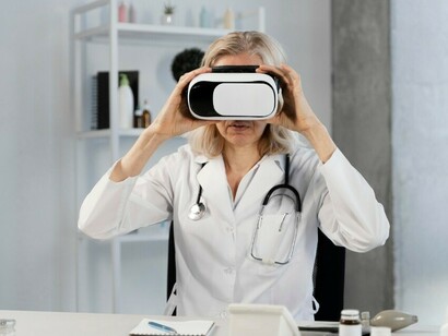 A doctor uses virtual reality goggles powered by AI, demonstrating the growing role of artificial intelligence in healthcare
