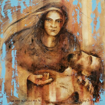 Luigi Salvatori,Il Dono della vita, ha dato sé stesso per te, acrilico su tela, 100x100 cm, 2021