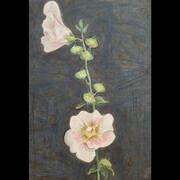 Nick Blosser, Hollyhocks, 2021, watercolor on paper, 7x5 inches (14 1/2x12 inches framed). Courtesy the artist and PDX Contemporary Art