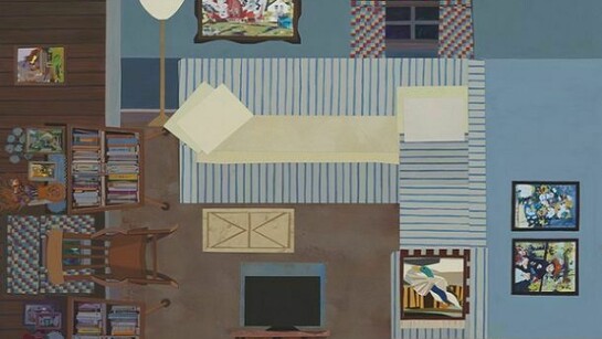 Ann Toebbe, TV Room, 2013, gouache and cut paper on panel, 15 by 20 inches