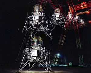 This multiple exposure shows a simulated Moon landing of the Lunar Excursion Module simulator/trainer at Langley's Lunar Landing Research Facility, now a National Historic Landmark.  Courtesy NASA Langley Research Center