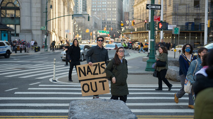 Protests in Thomas Paine Park against the detention of Palestinian activist and Columbia University student Mahmoud Khalil, 2025, New York, NY, USA