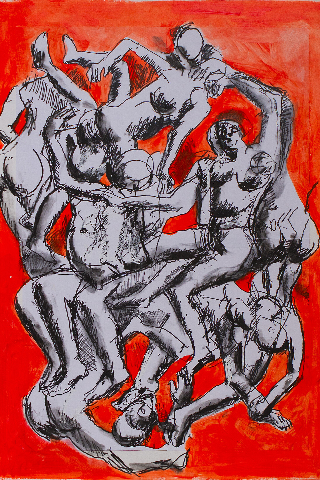 Dario Fo,
Metamorfosi durante il massaggio,
2014,
Tecnica mista su tavola, 67,5 x 92,5 cm
(74,5 x 99 cm con cornice),
Archivio Franca Rame e Dario Fo