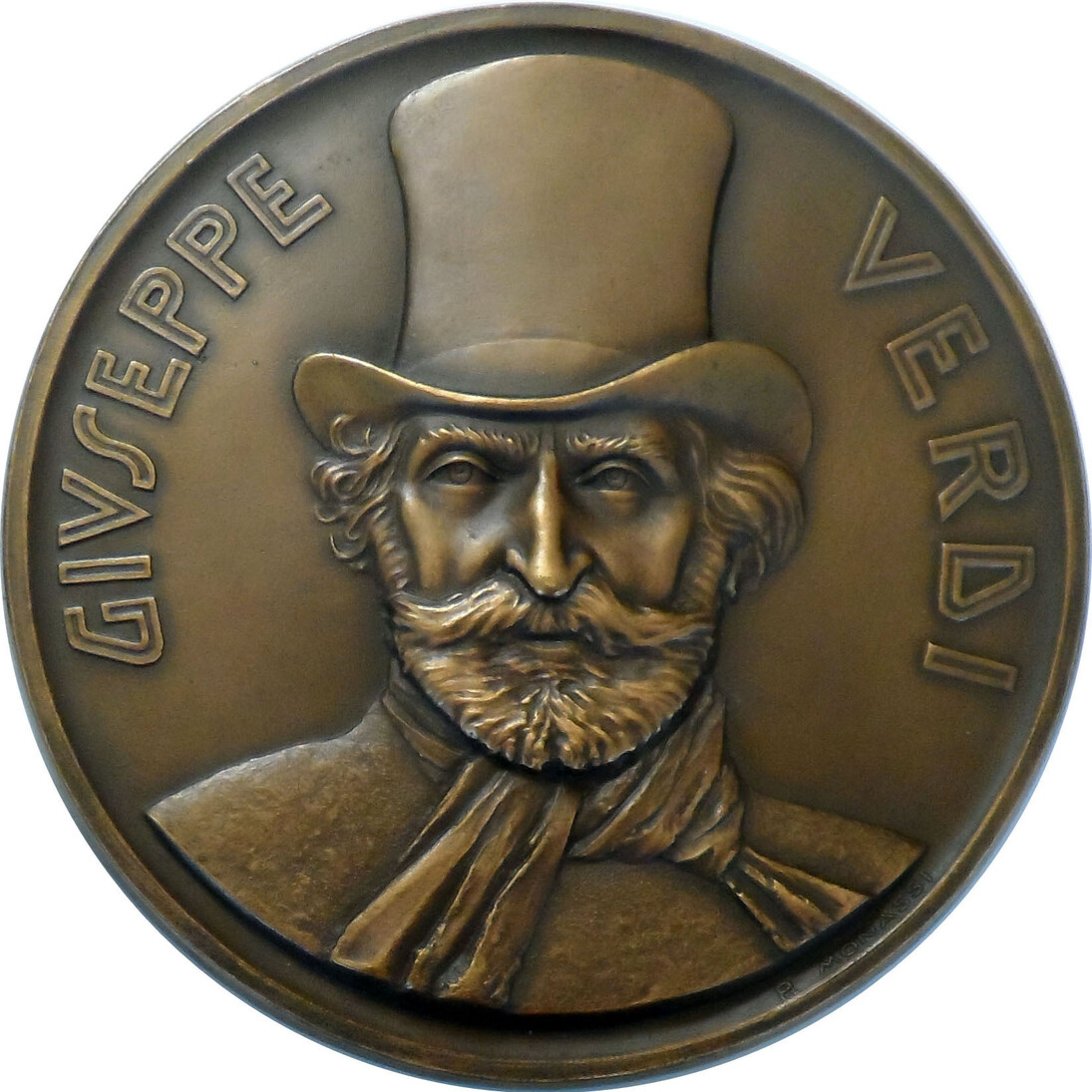 Piero Monassi, D/Givseppe Verdi, Anno di emissione: 1966, Stabilimento: Istituto Poligrafico e Zecca dello Stato, Roma, Bronzo fuso, mm. 180, Medagliere Ambrosiano, Fondo Monassi