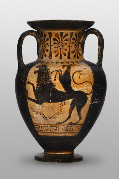 Anfora etrusca a figure nere con Chimera. 490-480 a.C. Credito: Civico Museo Archeologico, Milano, foto Studio fotografico Giuseppe Giudici