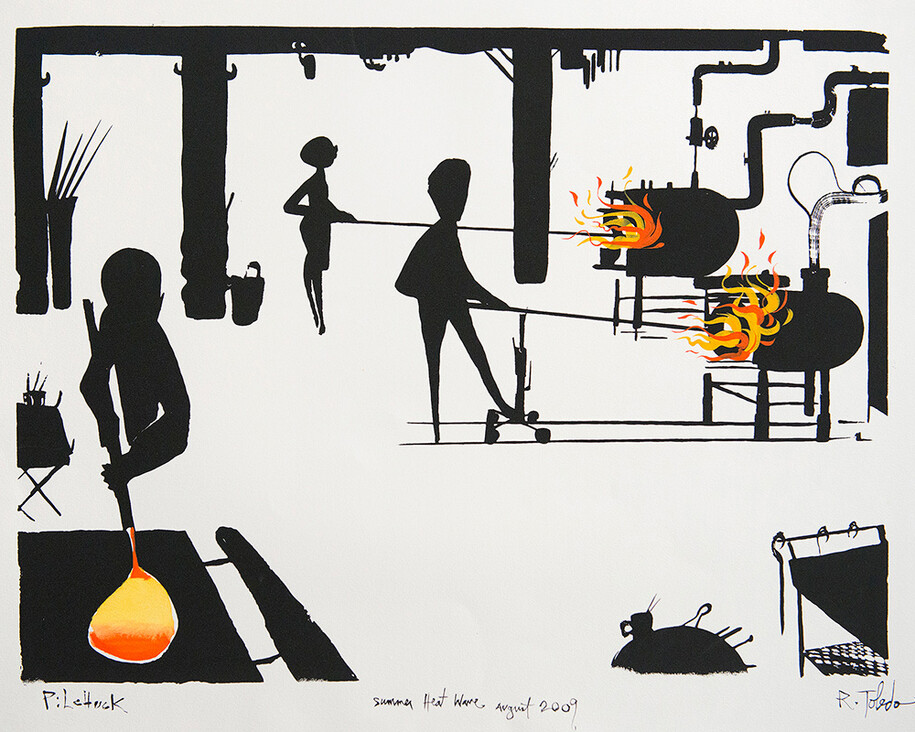 Ruben Toledo, Pilchuck, Summer Heat Wave
Screenprint with hand painting, 2009 © Ruben Toledo, Image courtesy of Pilchuck Glass School