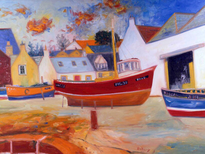John Bellany CBE, RA (1942 - 2013), Boats in Harbour, oil on canvas, signed, 36 x 48". From Manya Igel Fine Art