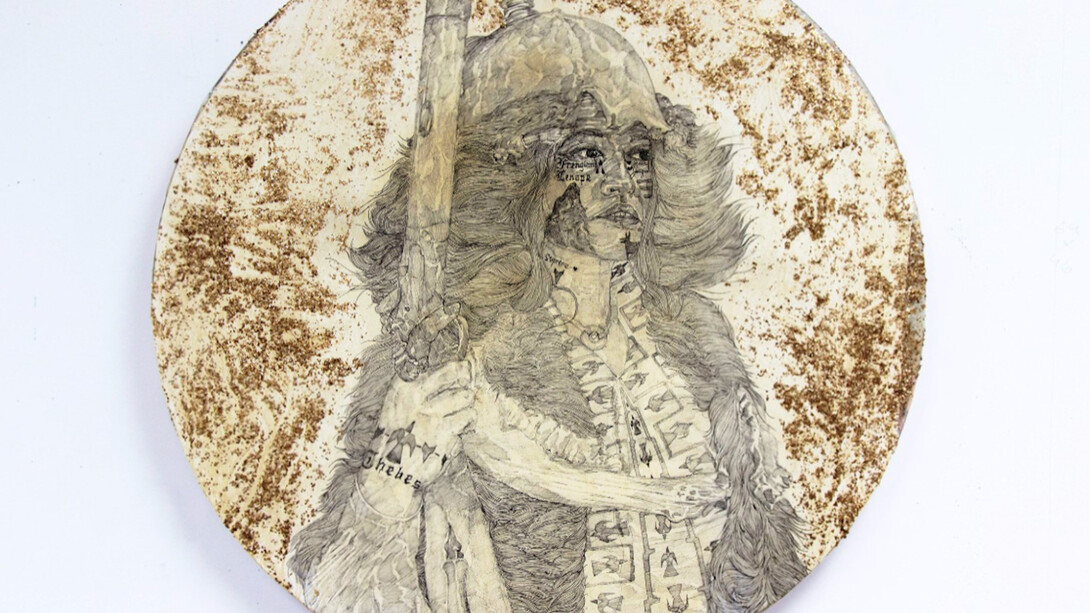 Umar Rashid (Frohawk Two Feathers), Jocasta, steward of New Thebes. A Portrait of tragedy and triumph with gold brushed on to hide the bruise. Messier no. 65, 2017. Courtesy of Johannes Vogt Gallery