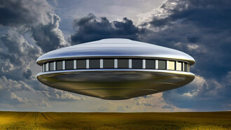 A hypothetical image of a giant UFO flying over a lush green field