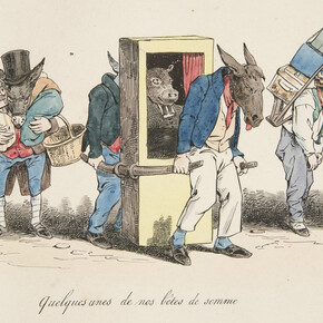 Artist: Langlumé, French, active 1822-1840
After: J.J. Grandville (Jean Ignace Isidore Gérard), French, 1803–1847
Quelques unes de nos bêtes de somme (Some of Our Beasts of Burden), no.70 from Les Métamorphoses du jour (Metamorphoses of Today)
1829
Lithograph with hand additions in watercolor

Sheet: 27 x 36 cm (10 5/8 x 14 3/16 in.)
Bequest of Eugene M. Waith
2009