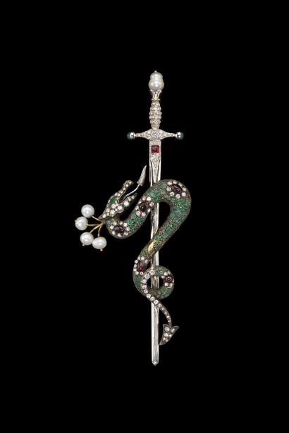 Dragon and Sword.  Designer unknown.  Acquired in Turkey in 2004.  Yellow and white gold, silver, garnet carbochons, baroque freshwater cultured pearls, diamonds, emeralds. Photo by John Bigelow Taylor.