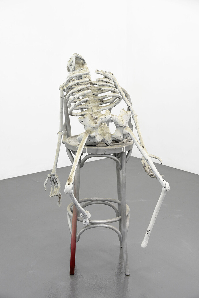 Urs Fischer, TBD Skeleton, 
2015, 
aluminium, oil paint, dust, 
126.4 x 69.2 x 96.2 cm / 49 ¾ x 27 ¼ x 37 ⅞ in, 
unique, Copyright the artist, courtesy Sadie Coles, HQ, London