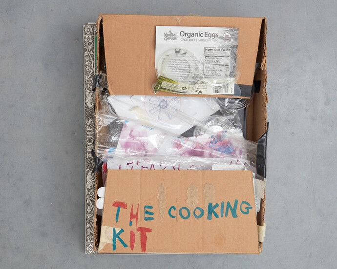 Susan Cianciolo, The Cooking Kit, 2016, cardboard box, plastic bag, notebook, organic egg recipe, paint, 10.6 x 36.3 x 26.5 cm, 4 1/8 x 14 1/4 x 10 3/8 ins, (MA-CIANS-00008) courtesy Stuart Shave/Modern Art, London 