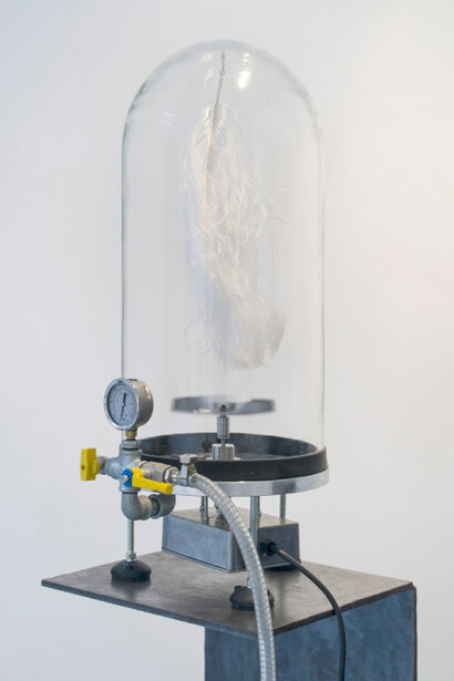 Samuel Zealey, Captured Wind, 2011, Steel, bell jar, ostrich feather, 400rpm motor, vacuum, pump, reinforced piping, 180 x 40 x 40 cm