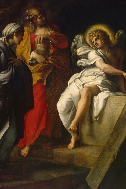 Holy Women at Christ's Tomb by Annibale Carracci. C. 1590, depicting Mary Magdalene interaction with an angel. 