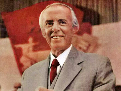 Enver Hoxha, leader of communist Albania, at a Party of Labour meeting