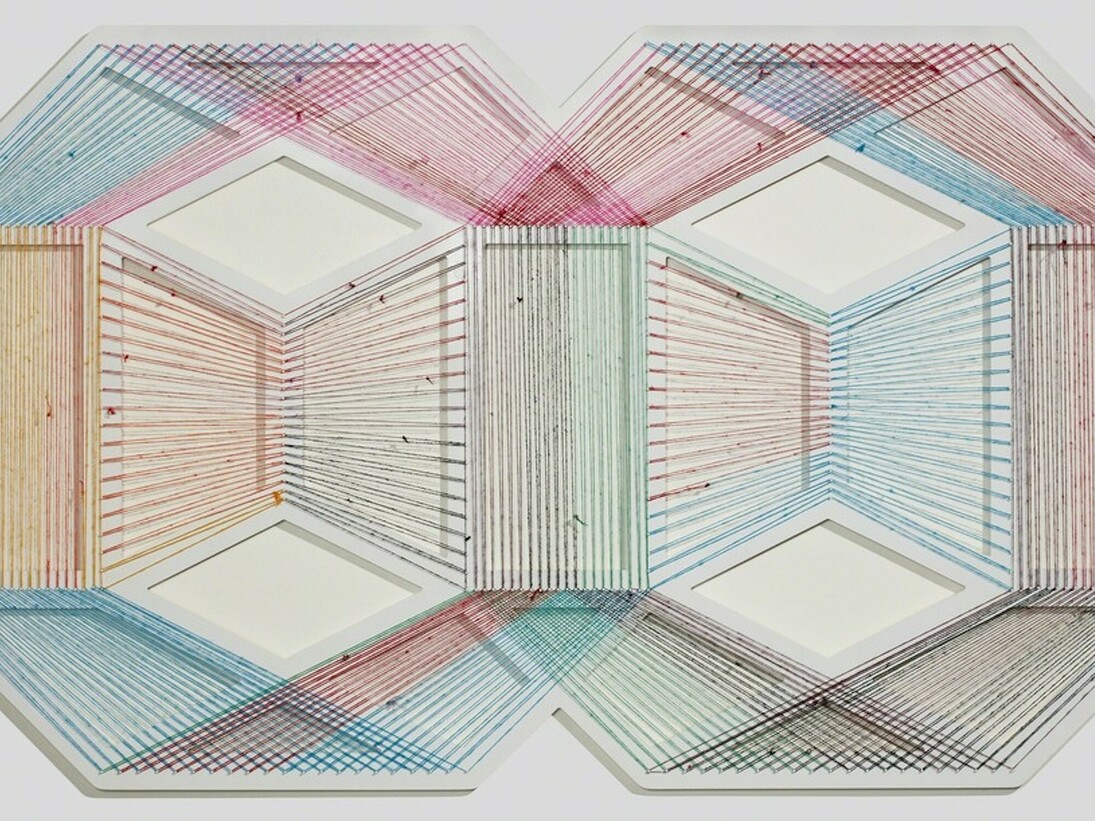 Adrina Esparza, Game Spot, 2017, Sarape, wood, nails, enamel 2-parts, 42 × 82 in, 106.7 × 208.3 cm. Courtesy of New Art Projects