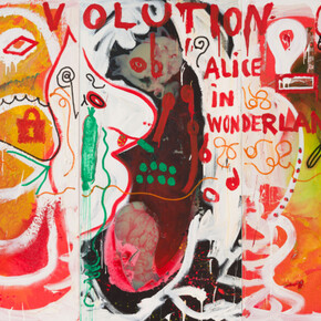 Jonathan Meese, "DR. SOYLENT YELLALICE DE LARGE!", 2023, oil,acrylic, acrylic modelling paste and Caparol-dispersion binder on canvas, 240,5×362×4 cm, photo: Roman März. © Courtesy the artist and Templon, Paris—Brussels — New York
