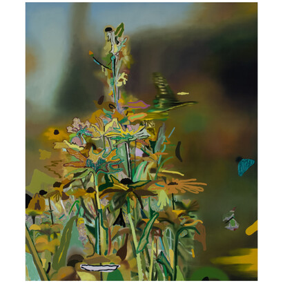 Leon Benn, Picked Up by The Shovelful, 2023, oil, oil stick, acrylic paint, and fabric dyes on linen, 63x52.5 inches. Courtesy of the artist and David B. Smith Gallery